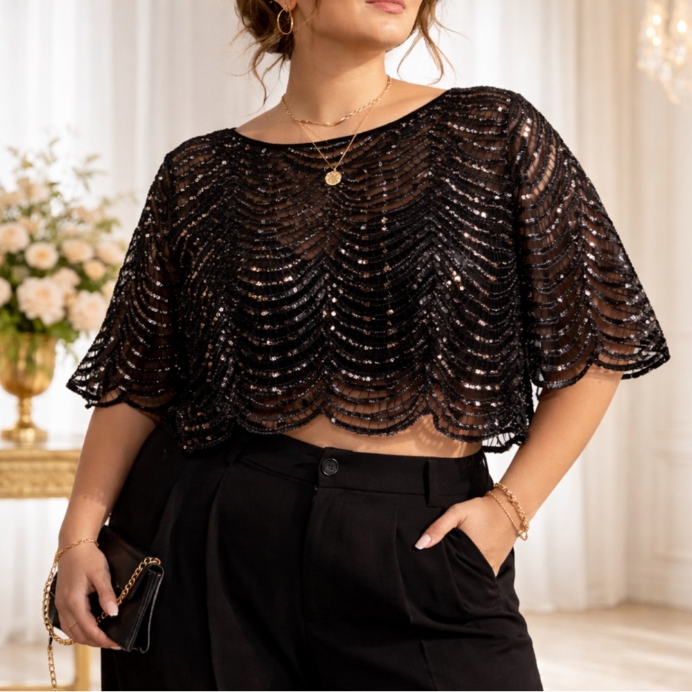 Like New Black Sequin Mesh Wedding Party Cropped Top size XL